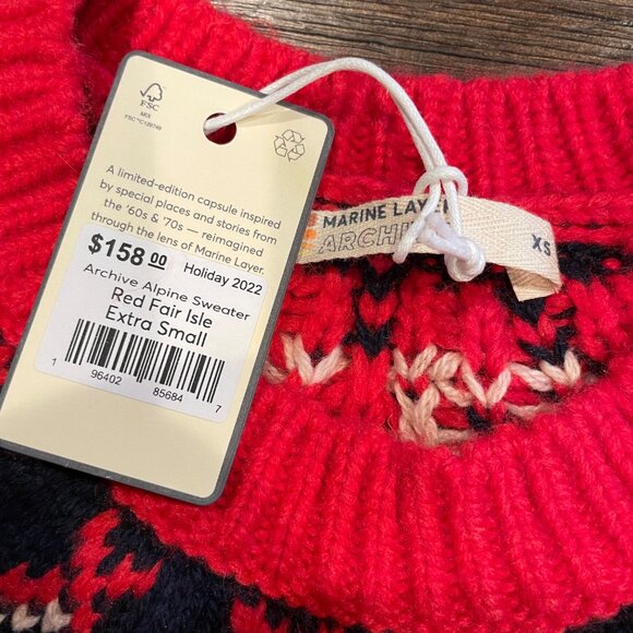 NWT Marine Layer Archive Alpine Sweater Sz XS Red Fair Isle Hearts Wool Alpaca - Picture 3 of 8
